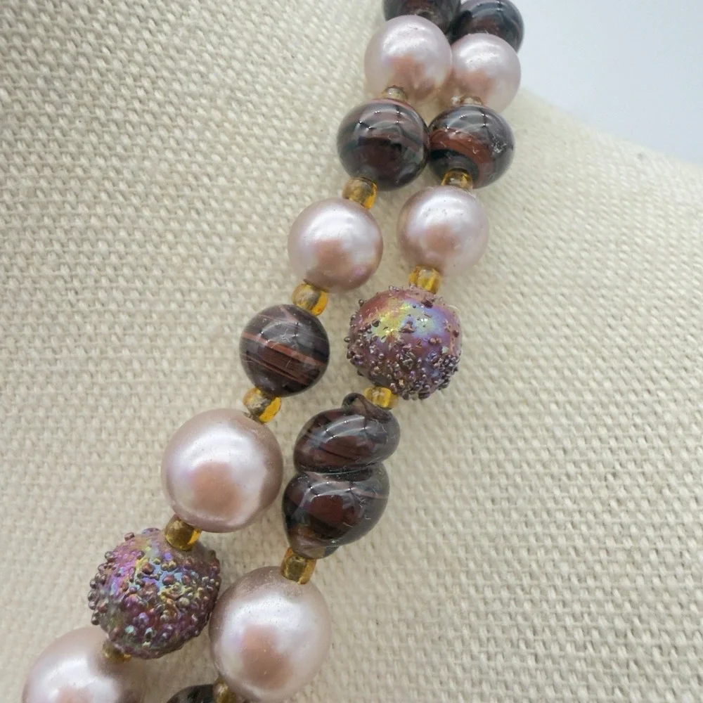 Vtg 50s Coro Iridescent Molded Glass Necklace Double Strand Orig. Tag Japan NOS